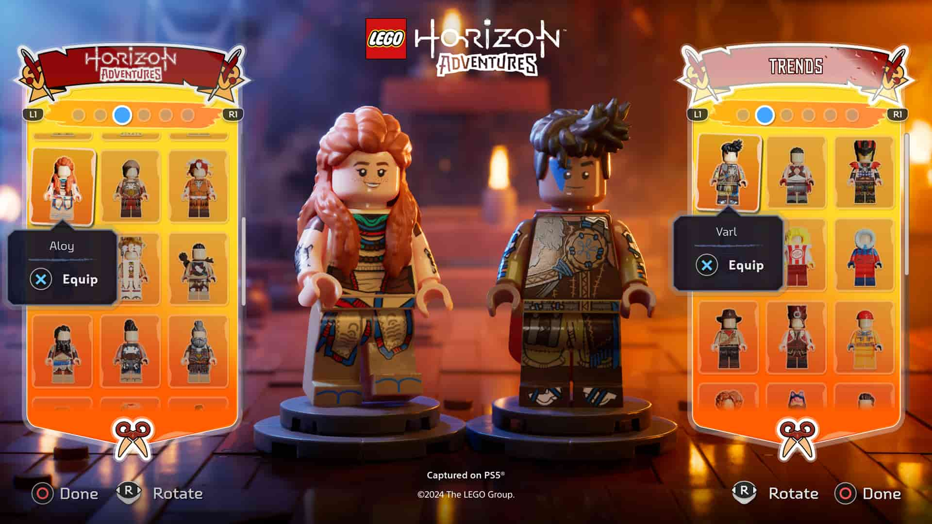 Aloy und Varl wählen ihre Outfits in Lego Horizon Adventures.