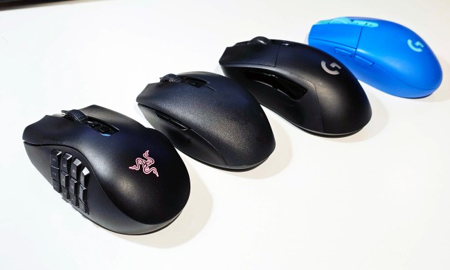 Four gaming mice, side-by-side.