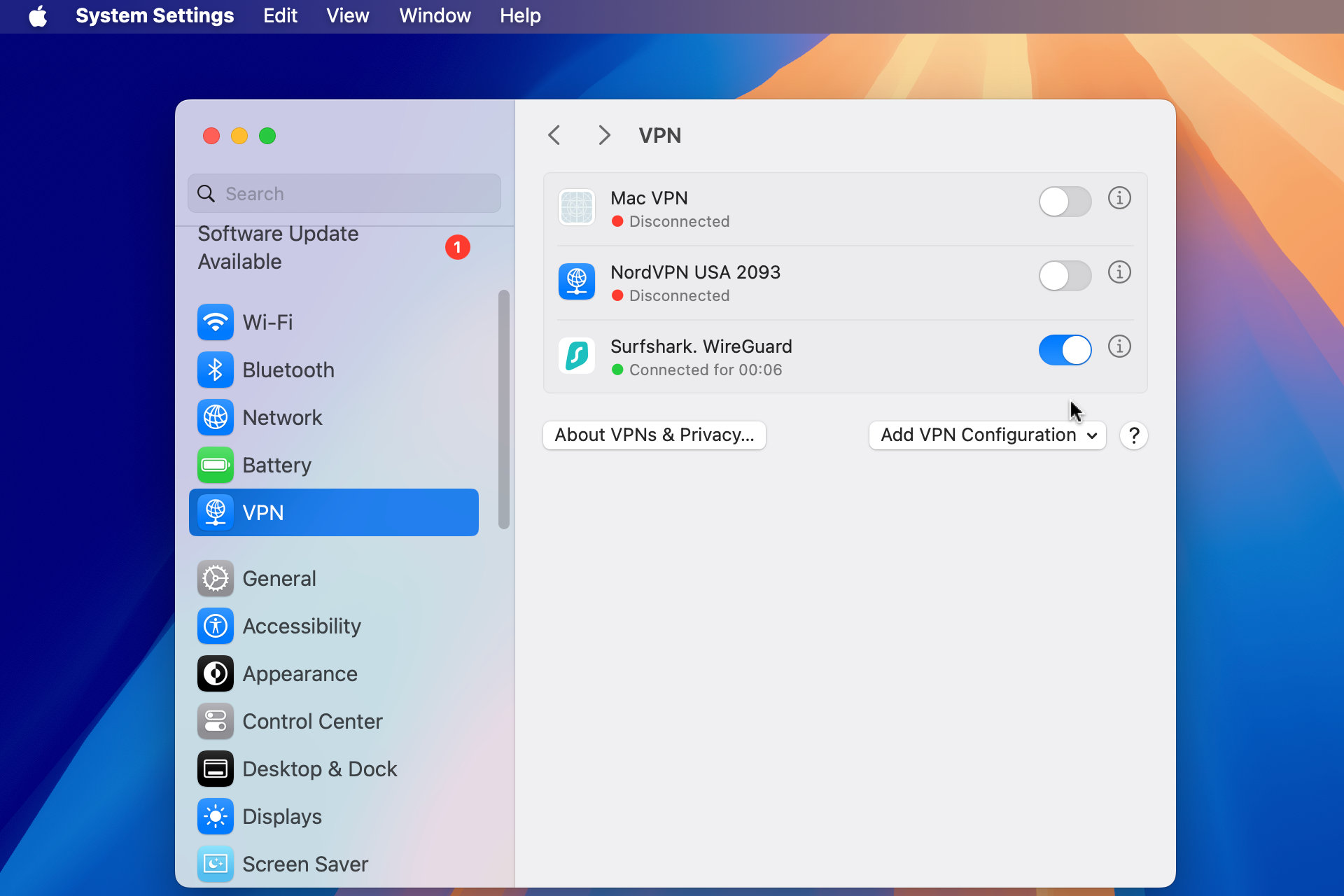 Una captura de pantalla de una VPN conectada en la configuración del sistema macOS.