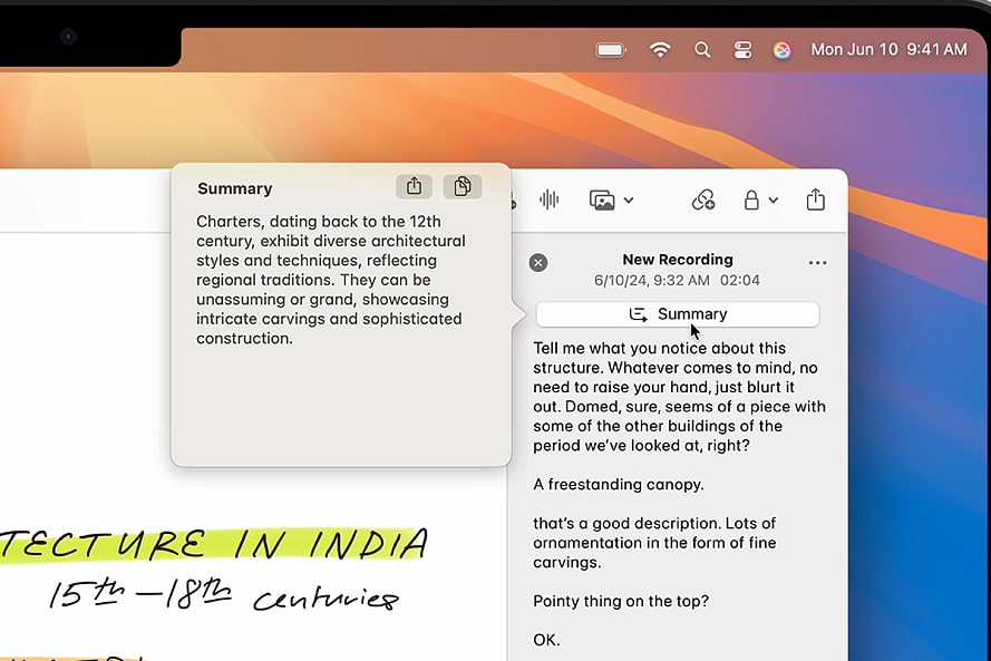 Apple Intelligence sendo usado para resumir áudio no aplicativo Notes no macOS Sequoia.
