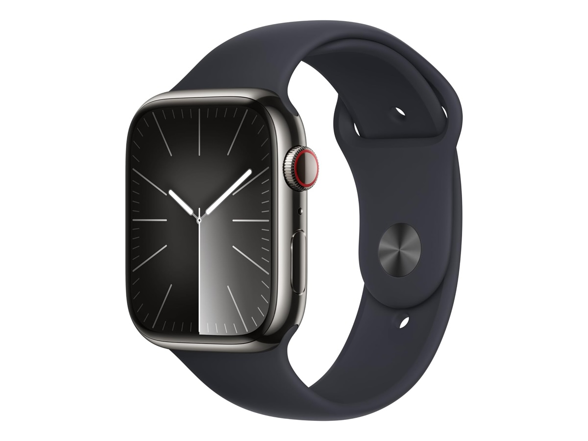 Apple Watch Series 9 [GPS + Cellular, 45 мм] в корпусе из нержавеющей стали на белом фоне.