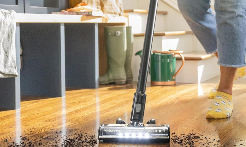 The Bissel CleanView XR tackles a dirty floor.