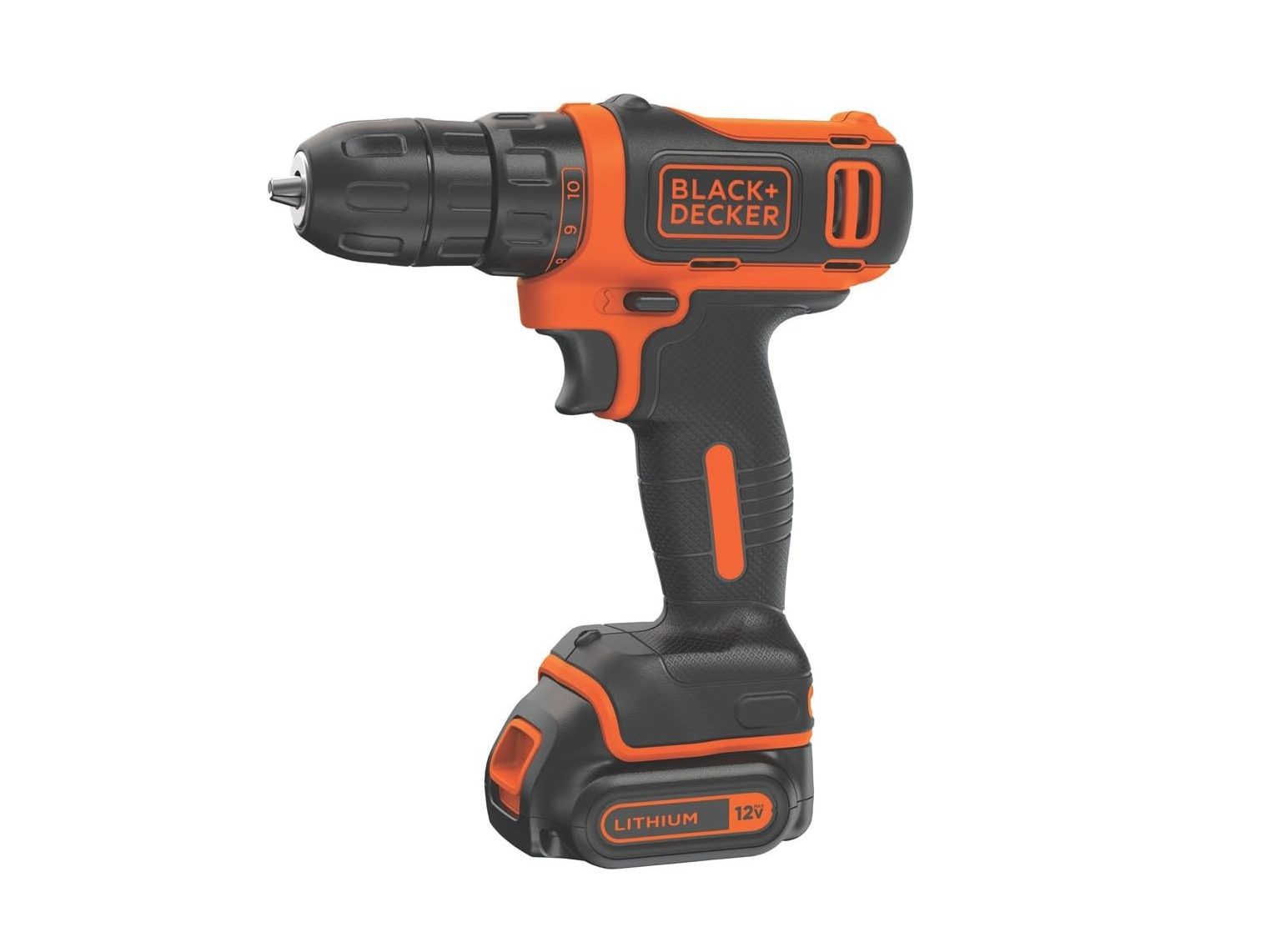 Eine Seitenansicht des BLACK+DECKER 12V Max Akku-Bohrschraubers.