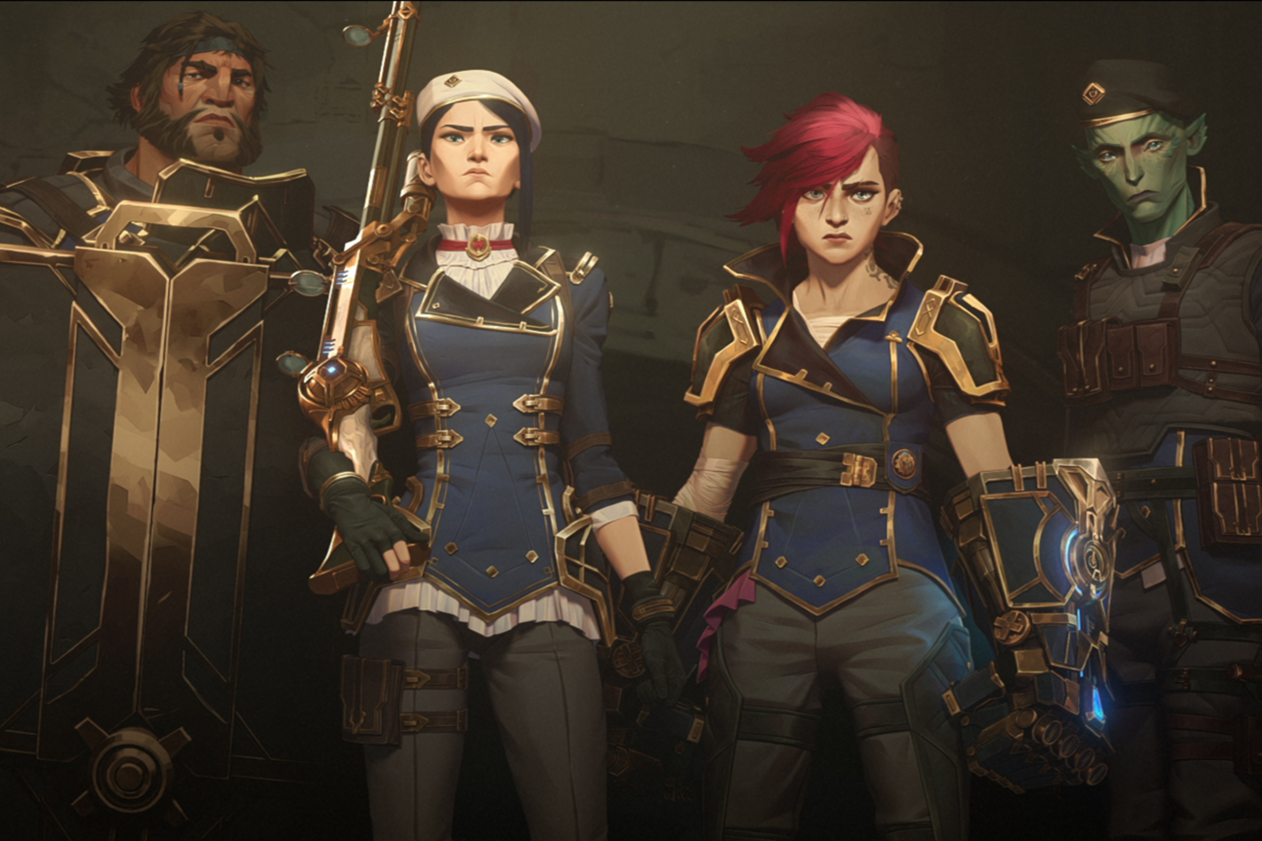 Caitlyn and Vi wear blue enforcer uniforms together in Arcane season 2.