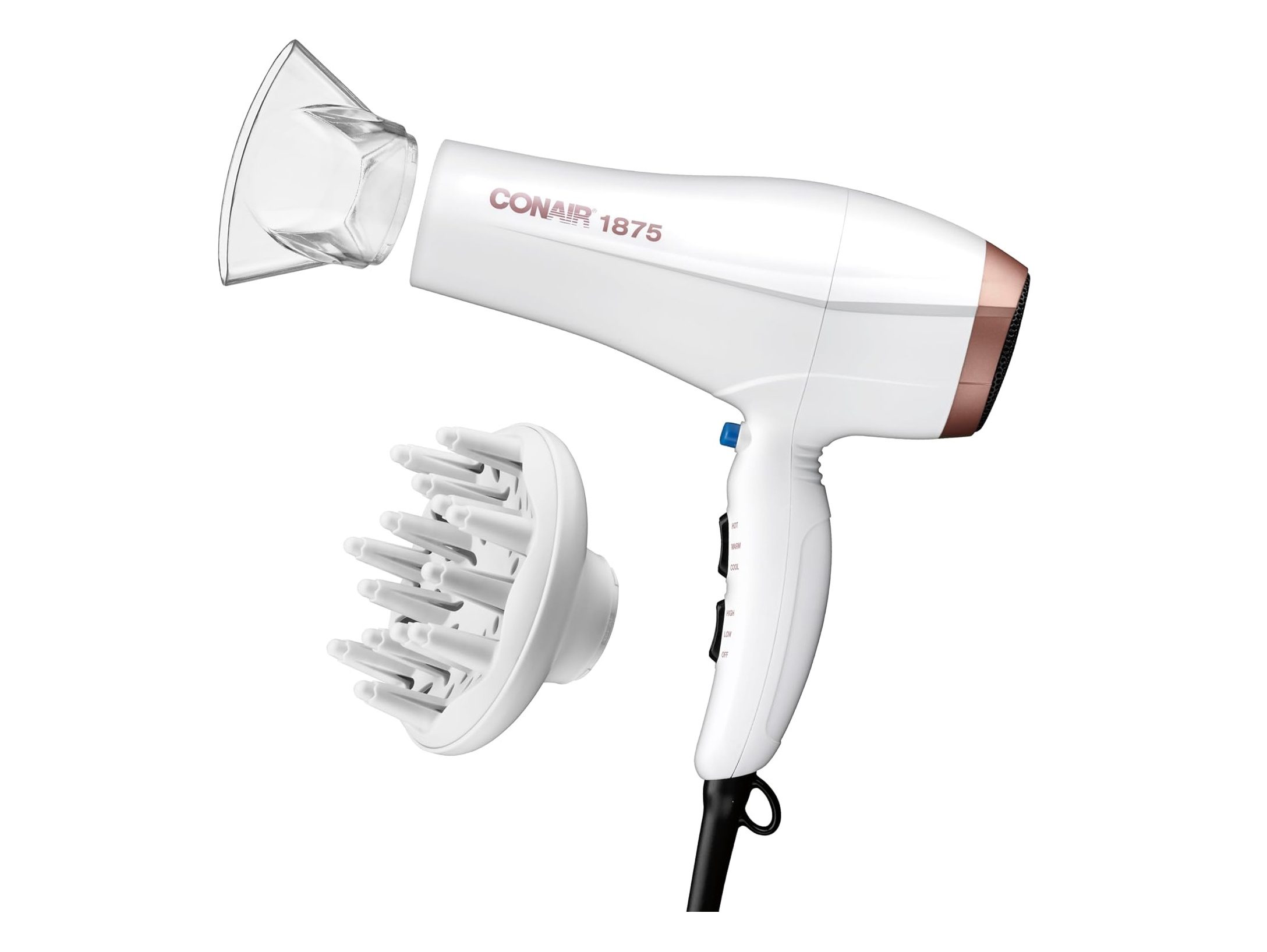 The Conair Double Ceramic Hair Dryer with Diffuser at a side view.