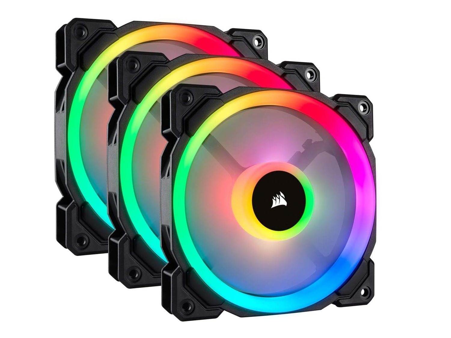 Três ventoinhas Corsair LL120 com luzes RGB.