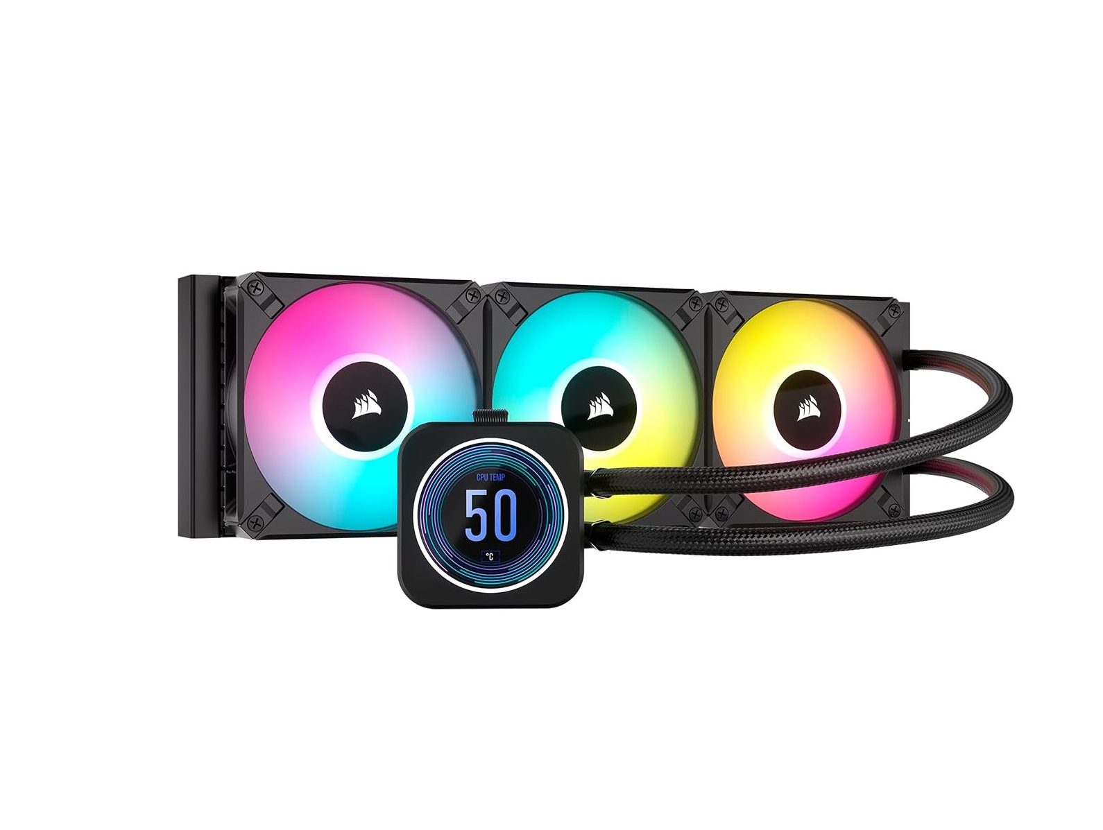 Um cooler Corsair iCUE H150i Elite LCD XT AIO com iluminação LGB.