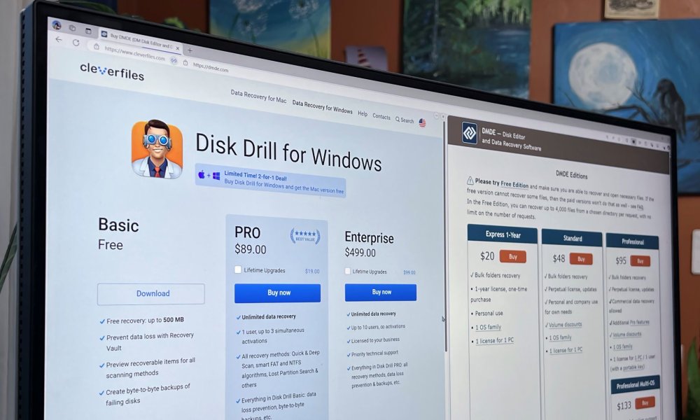 disk drill vs dmde pro and data recovery software appear in a split screen on pc monitor