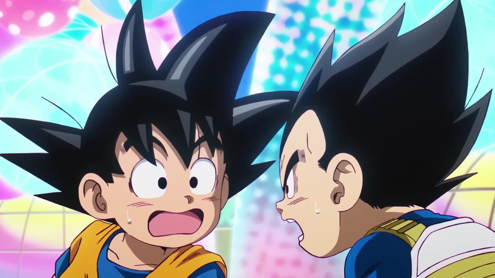 Goku and Vegeta looking at each other in shock in their child forms.