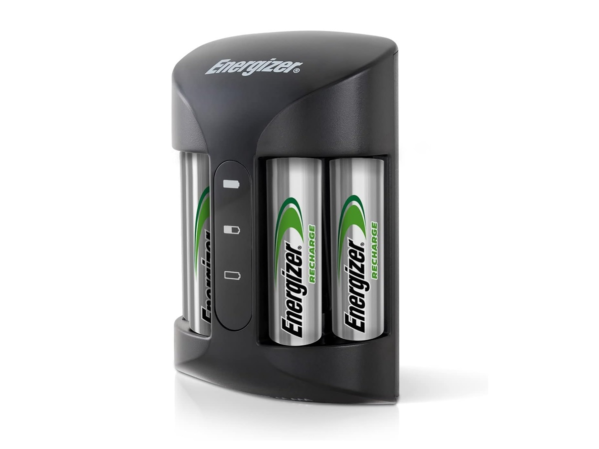 The Energizer AA 4-pack with Recharge Pro battery charger bundle against a white background.