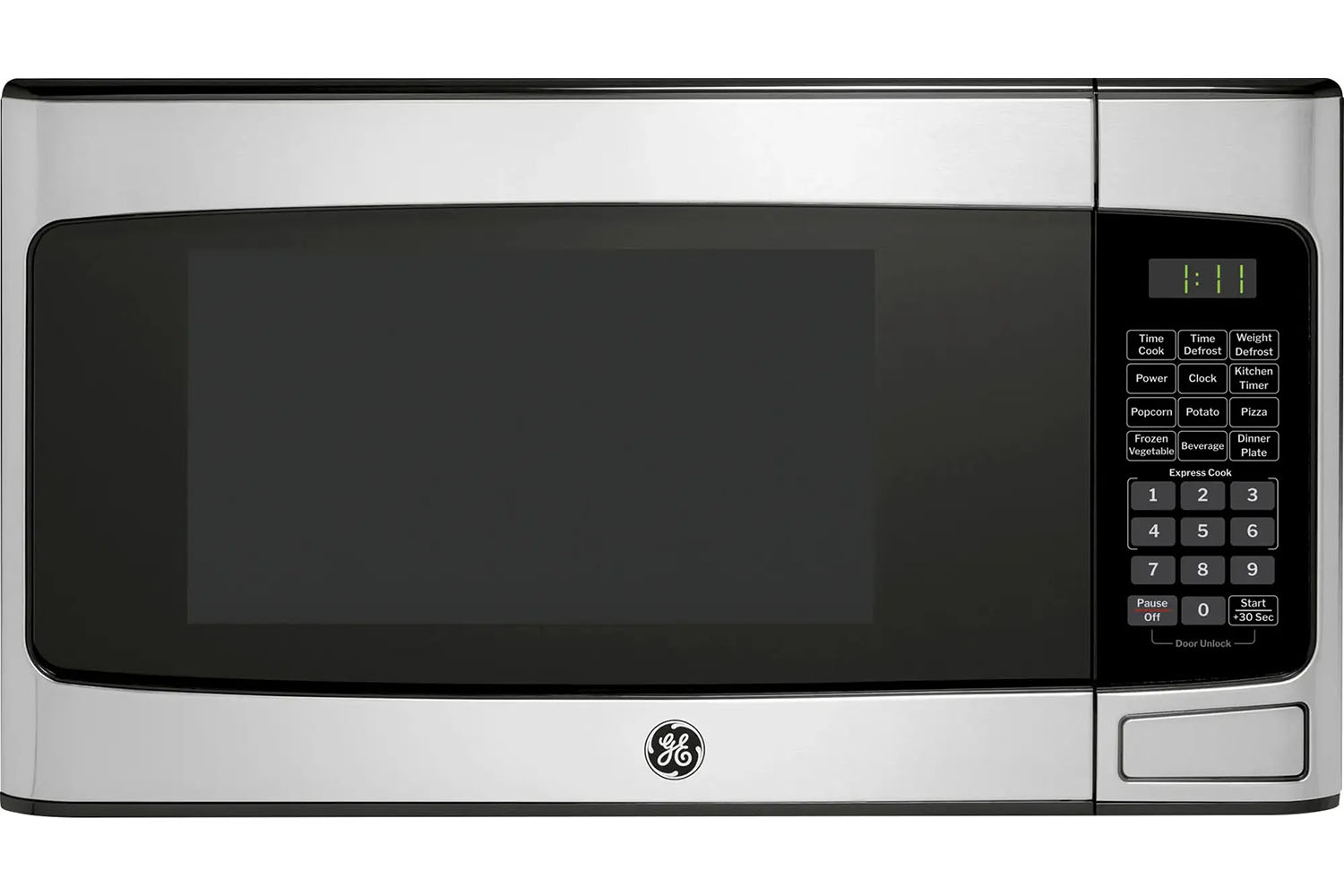 The GE 1.1 cubic feet Countertop Microwave on a white abckground.