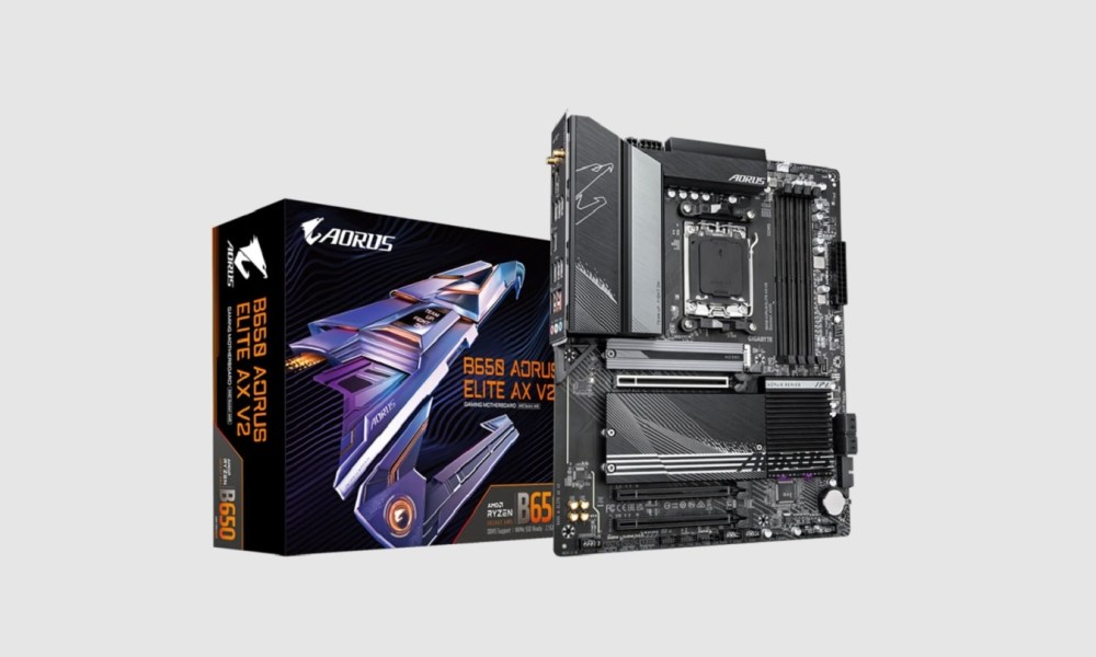 The Gigabyte B650 Aorus Elite AX V2 motherboard 2 on a gray background.