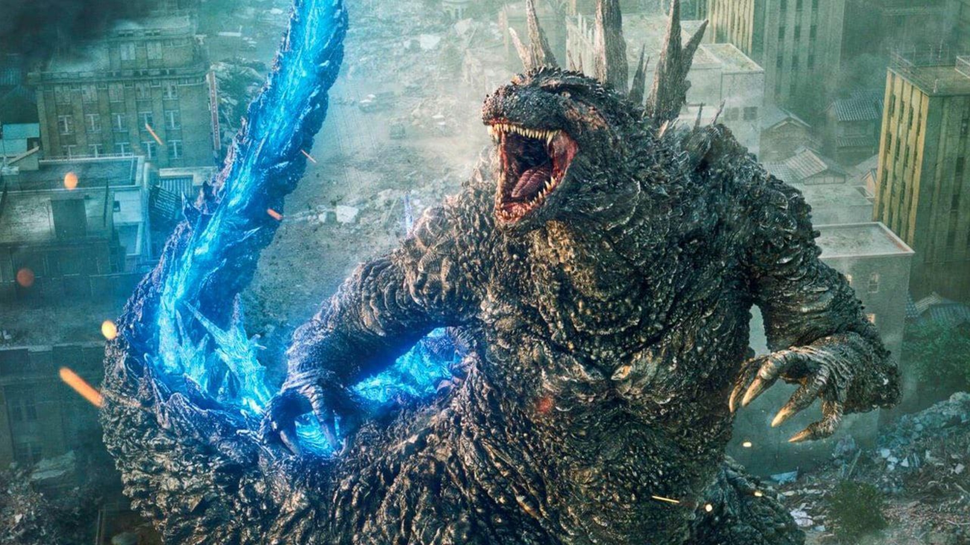 Godzilla roaring as the monster wreaks havoc across Japan in Godzilla Minus One.