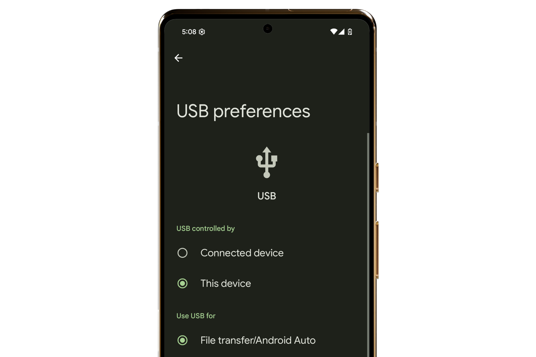 Configuración del comportamiento USB en Android 16.