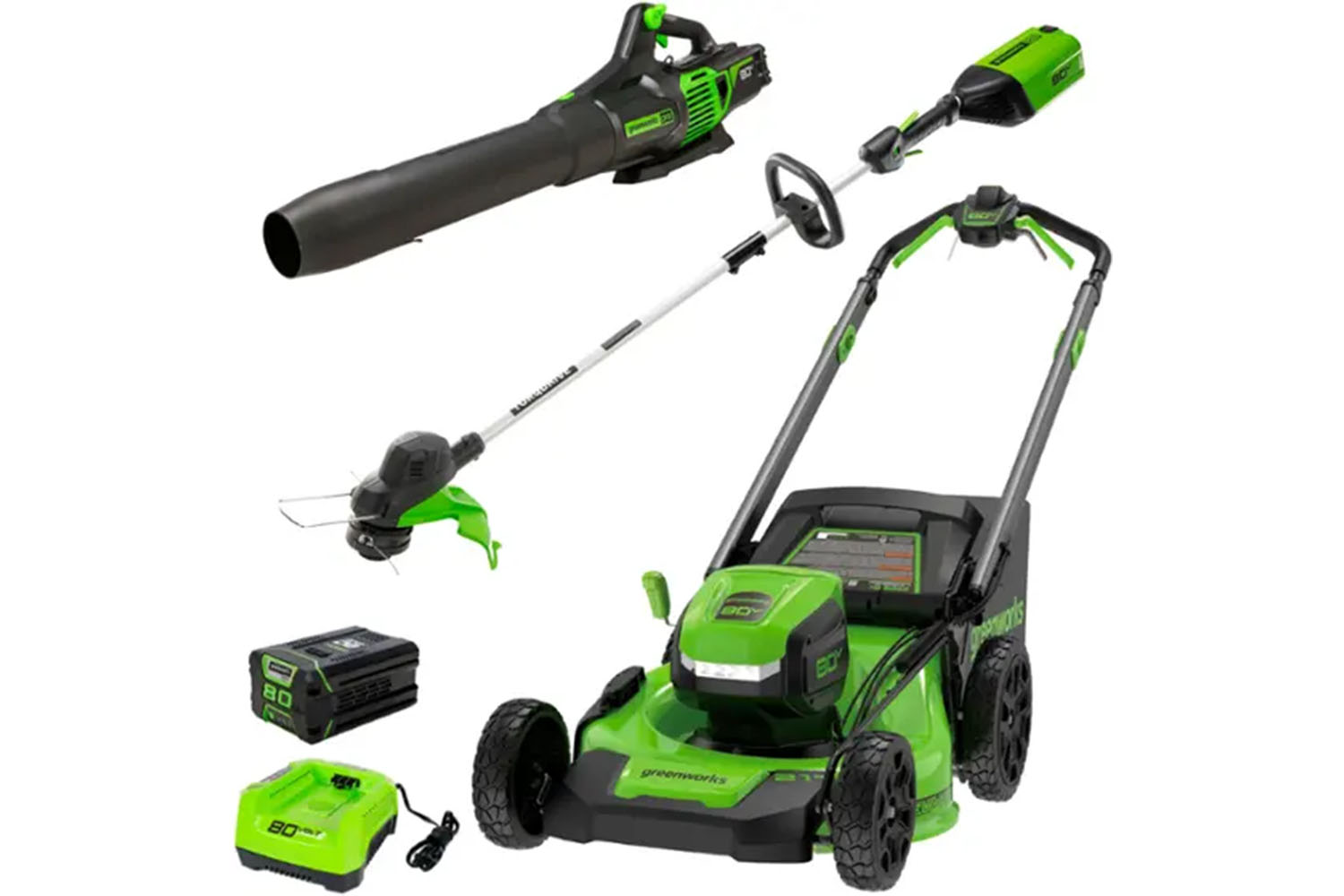 The Greenworks 80V 21-inch Lawn Mower, 13-inch String Trimmer, and 730 Leaf Blower Combo on a white background.