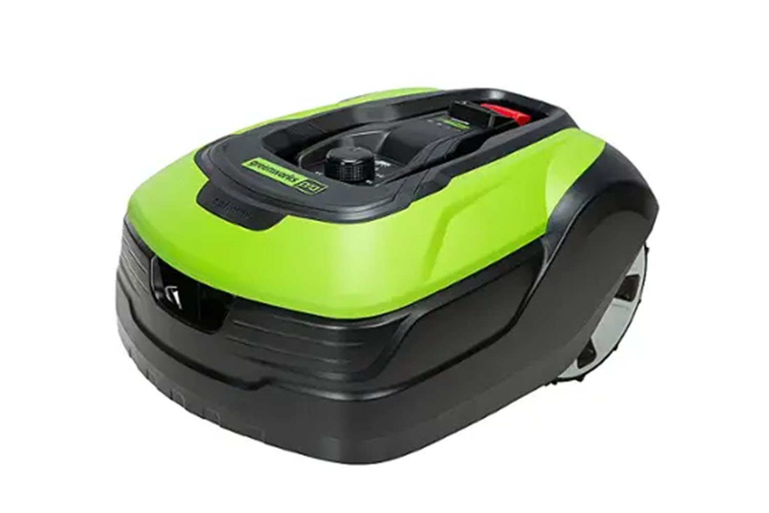 The Greenworks Optimow Robotic Lawn Mower on a white background.