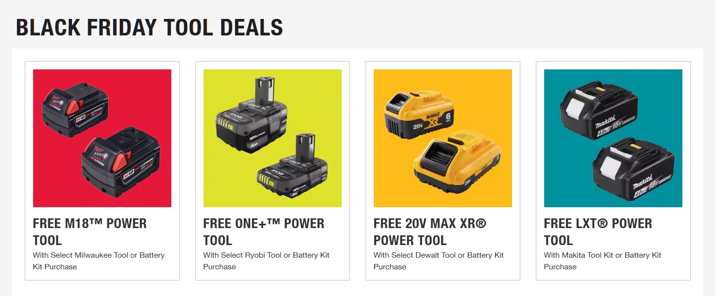 Pour commencer à conclure votre offre dans le cadre de l'offre d'outils Black Friday de Home Depot, choisissez des batteries, pas des outils.