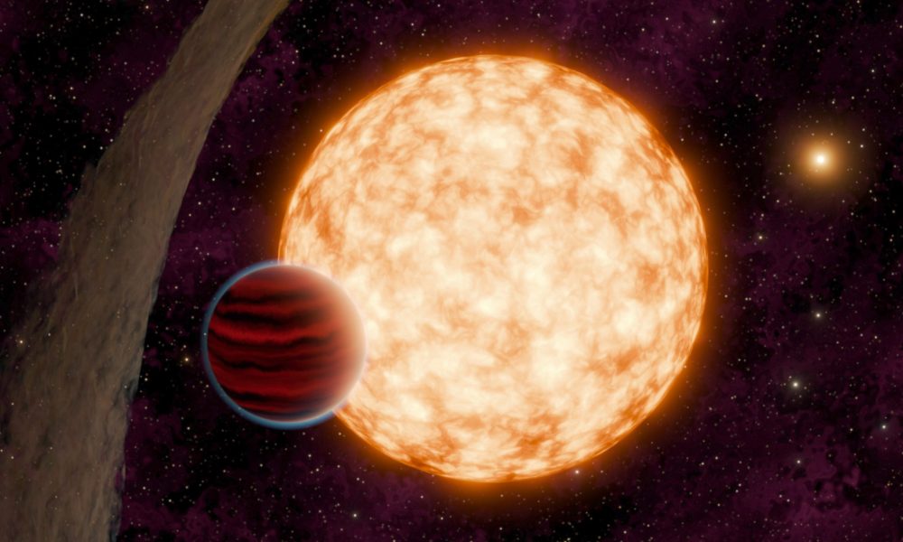 An artist's depiction of the system showing the host star, transiting planet, misaligned transition disk, and wide binary companion (in the background).