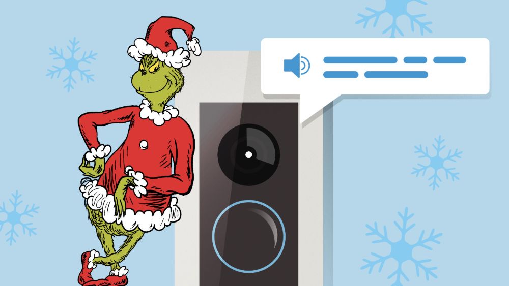 A cartoon drawing of the Grinch leaning on a Ring Video Doorbell.