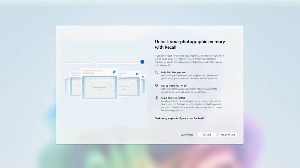 The out-of-box experience for setting up Recall in Windows.