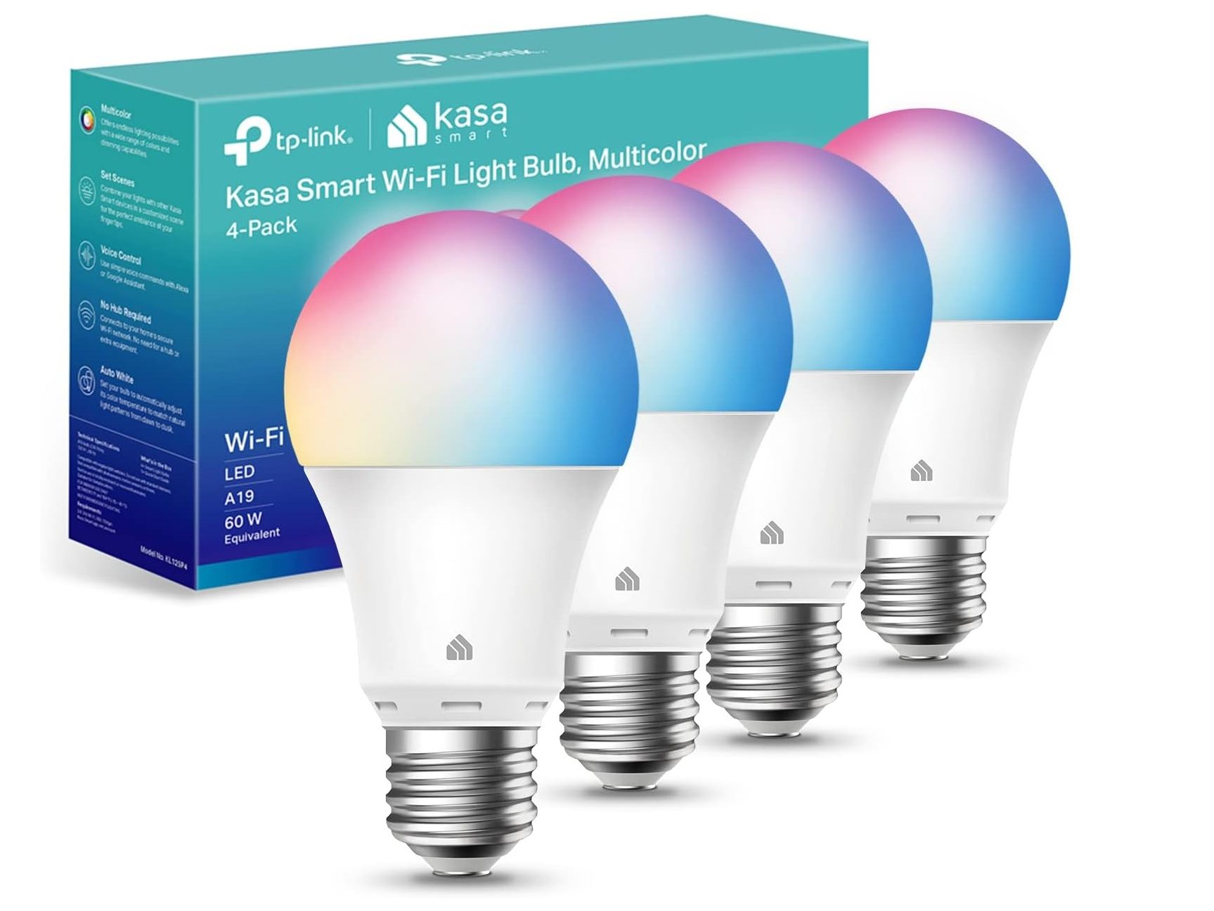 An image of 4 Kasa Smart Light bulbs with various colors shown on the bulb.