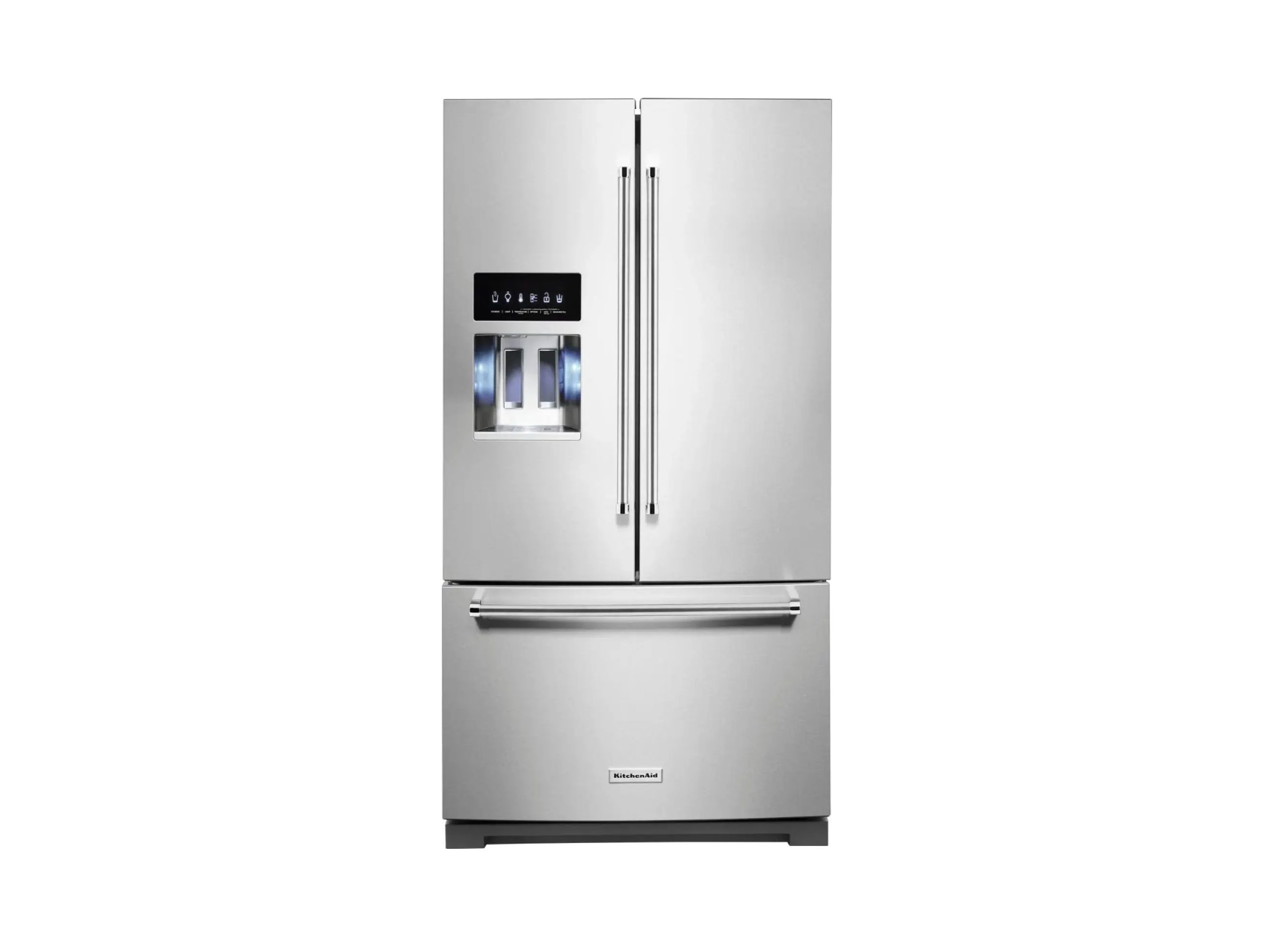 The KitchenAid Stainless Steel French Door Refrigerator is 27 cu. ft. on the interior and has an external water and ice dispensing mechanism.