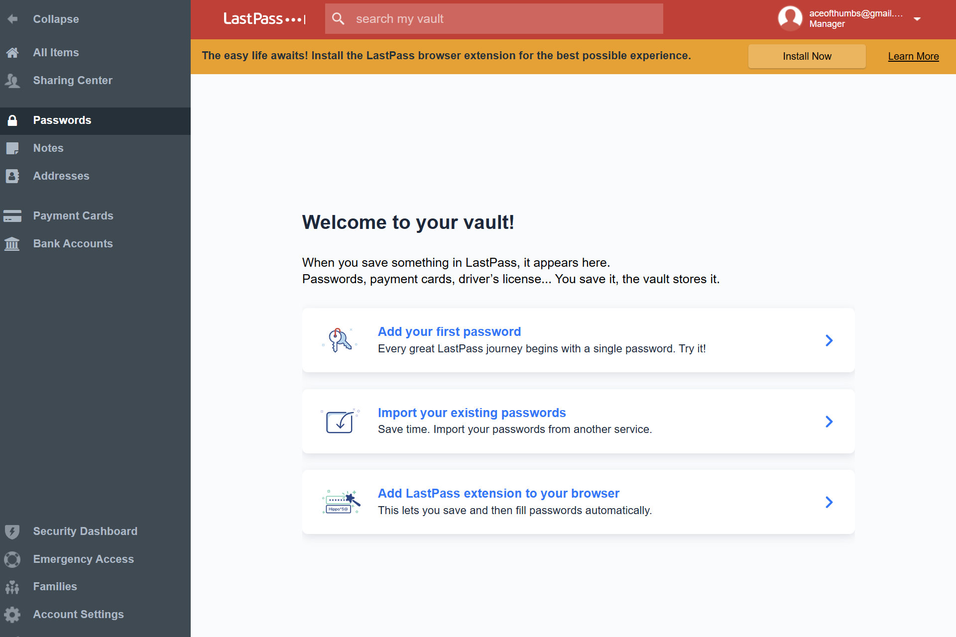 LastPass is easy to set up with guidance to install the browser extension and import logins.