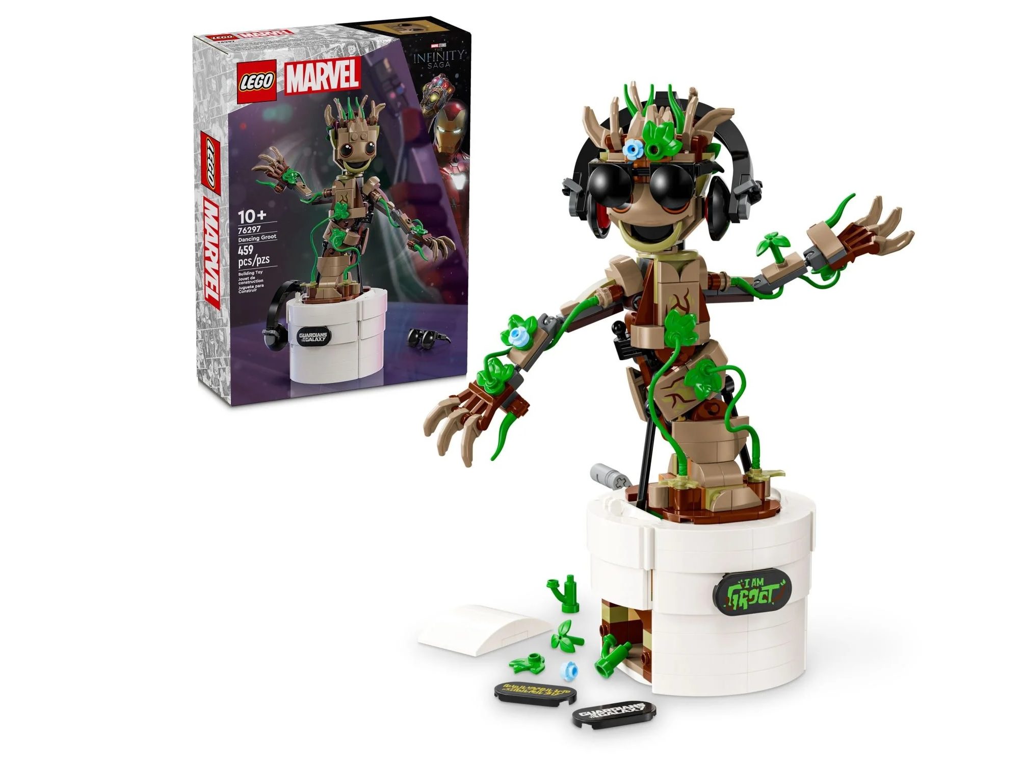 Lego Marvel Dancing Groot and the accompanying box.