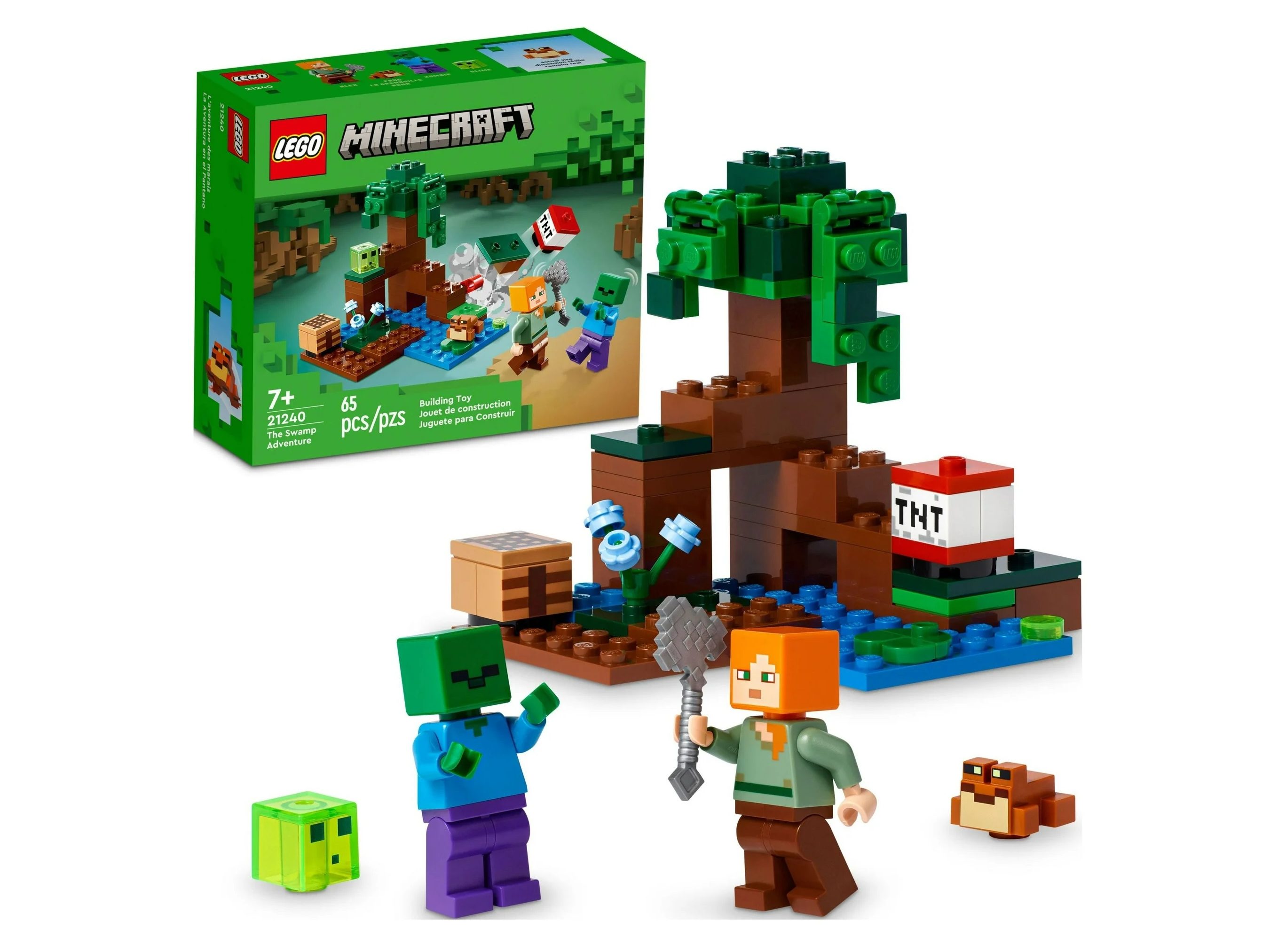 Un set Lego Minecraft The Swamp à côté de sa boîte.