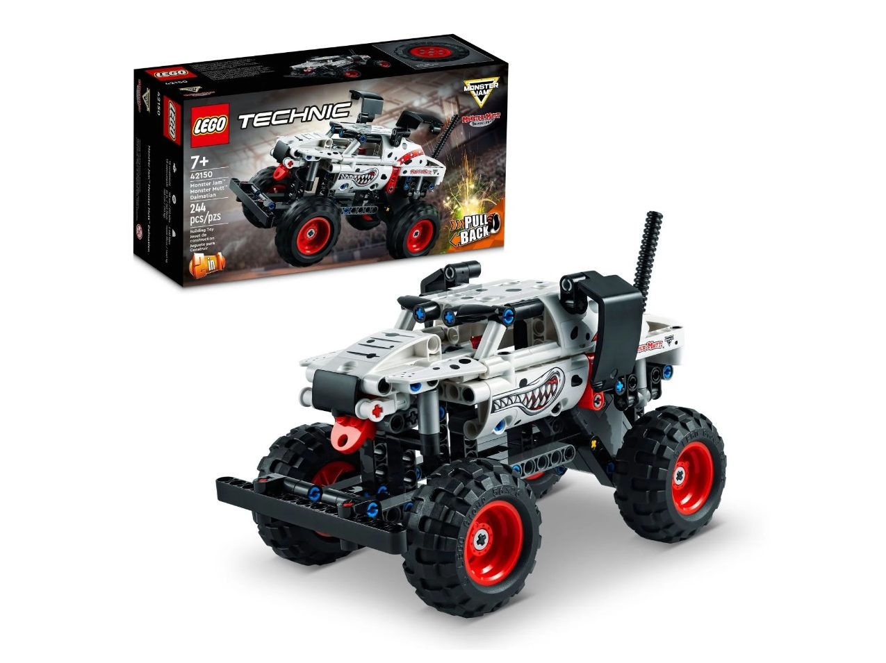 The Lego Technic Monster Jam Monster Mutt Dalmatian Set box and a completed model in one of the two possible configurations.