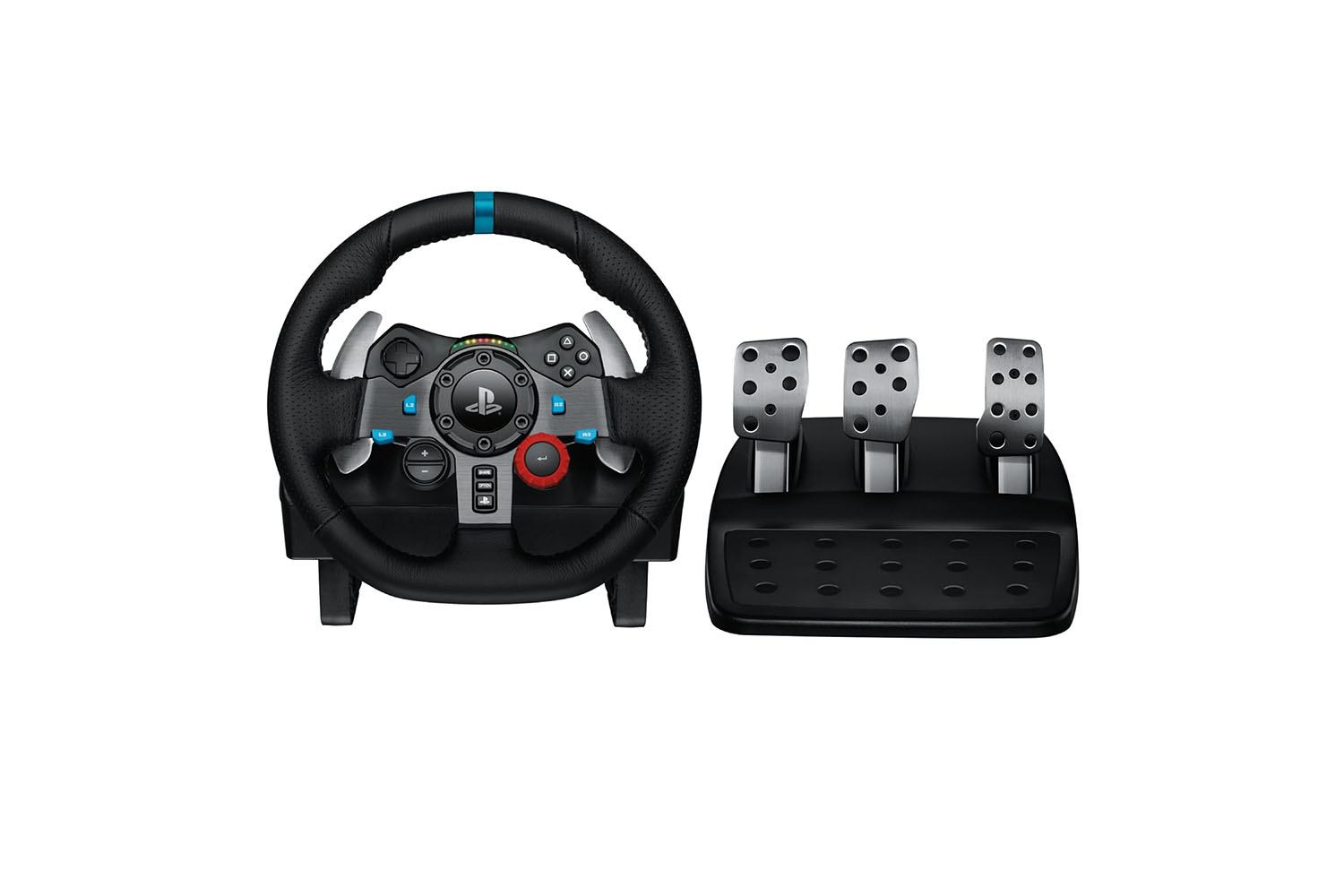 Le volant de course et les pédales Logitech G29 Driving Force sur fond blanc.