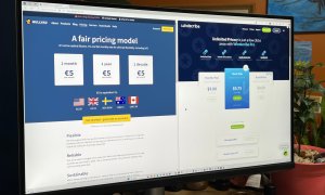 Mullvad and Windscribe VPN pricing appears in a split-view on a PC monitor.