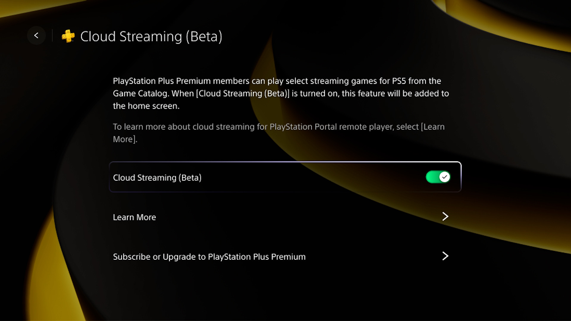 The PlayStation Portal cloud streaming menu.