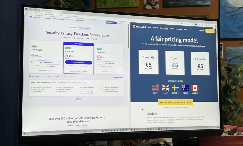 Proton VPN Plus and Mullvad websites appear in a split-screen on a PC monitor.