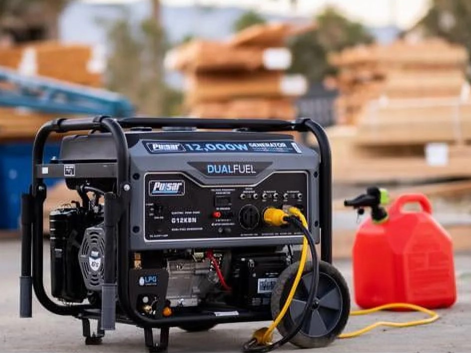 Pulsar dual fuel portable generator with gas can in background