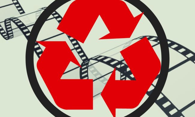 Blended image showing a film roll in the background with a recycling sign in the front.