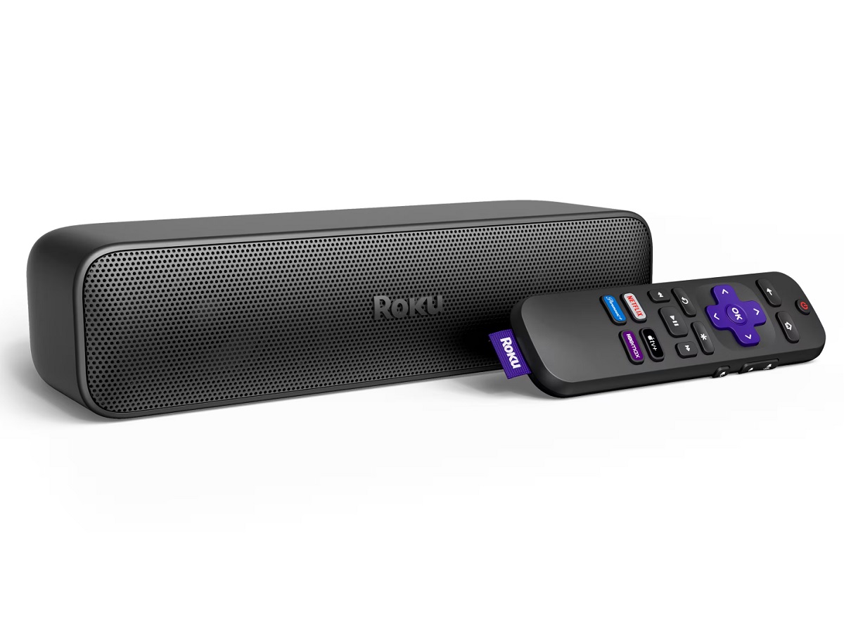 Le Roku Streambar SE et sa télécommande sur fond blanc.