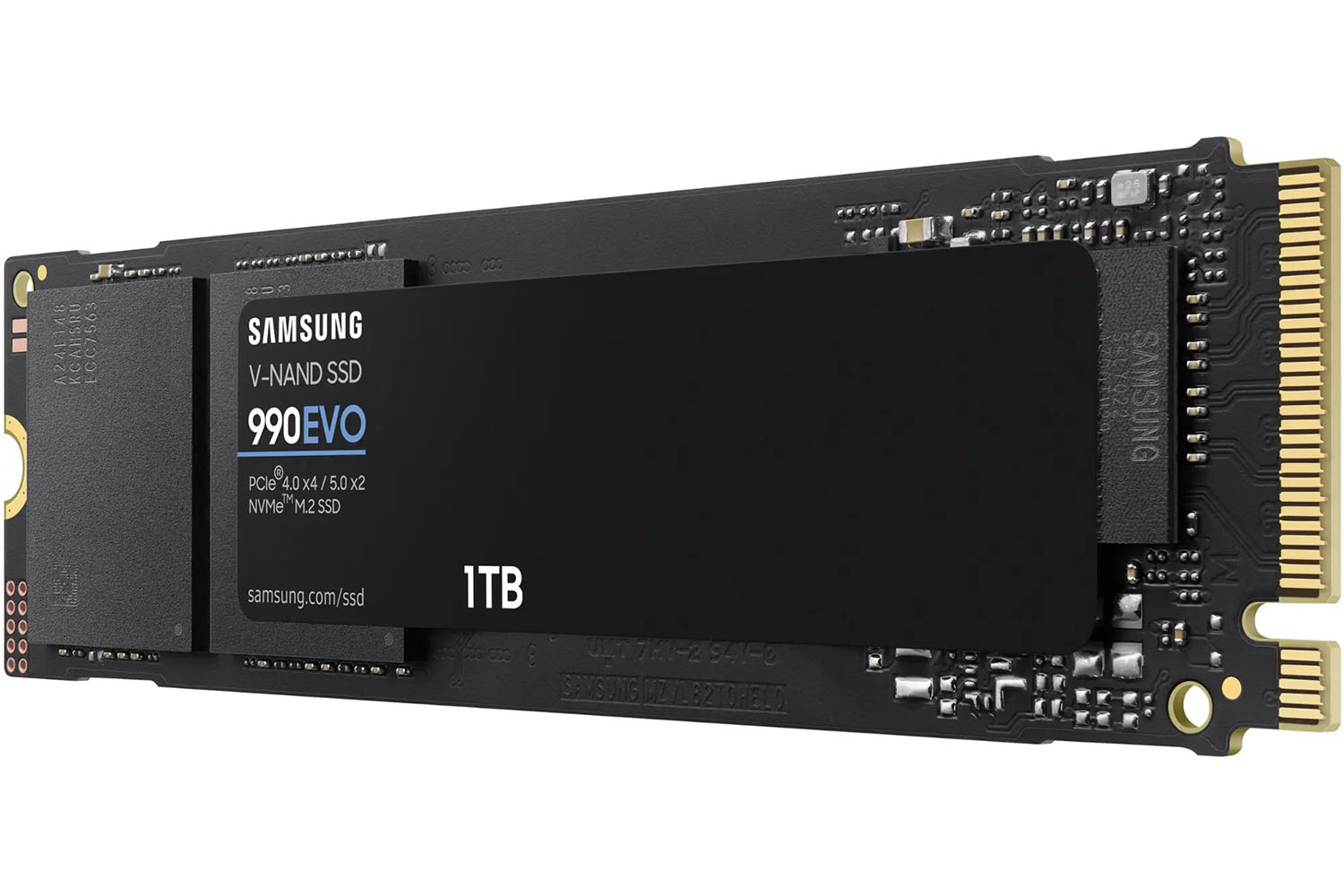 The Samsung 990 Evo 1TB SSD at a side angle.