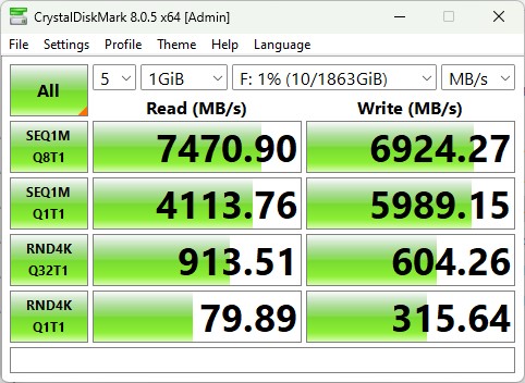 Résultats CrystalDiskMark pour le Samsung 990 Pro 2 To avec dissipateur thermique.