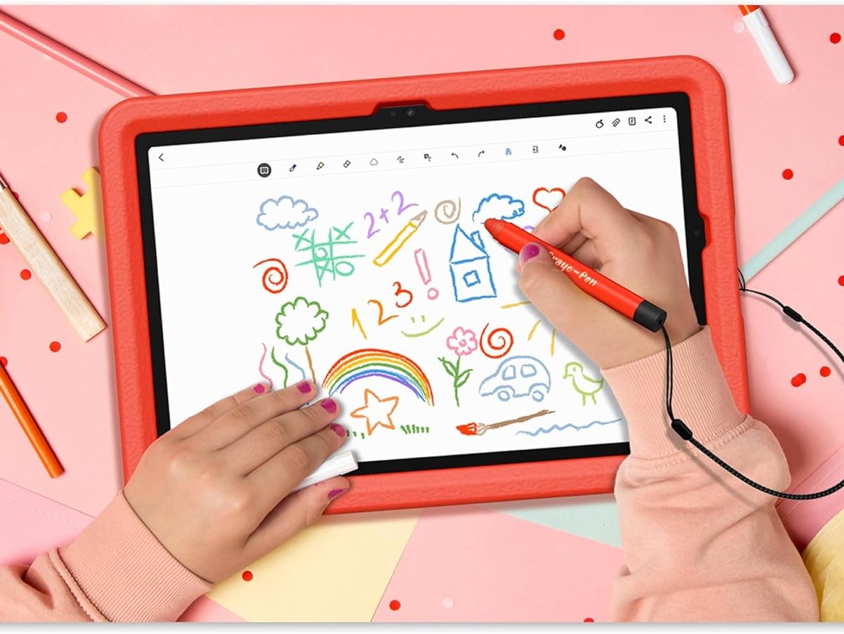 A child colors on a Samsung Galaxy Tab A9+ Kids Edition.