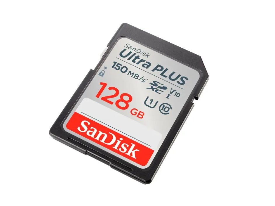 A SanDisk Ultra Plus 128GB SDXC memory card on display.