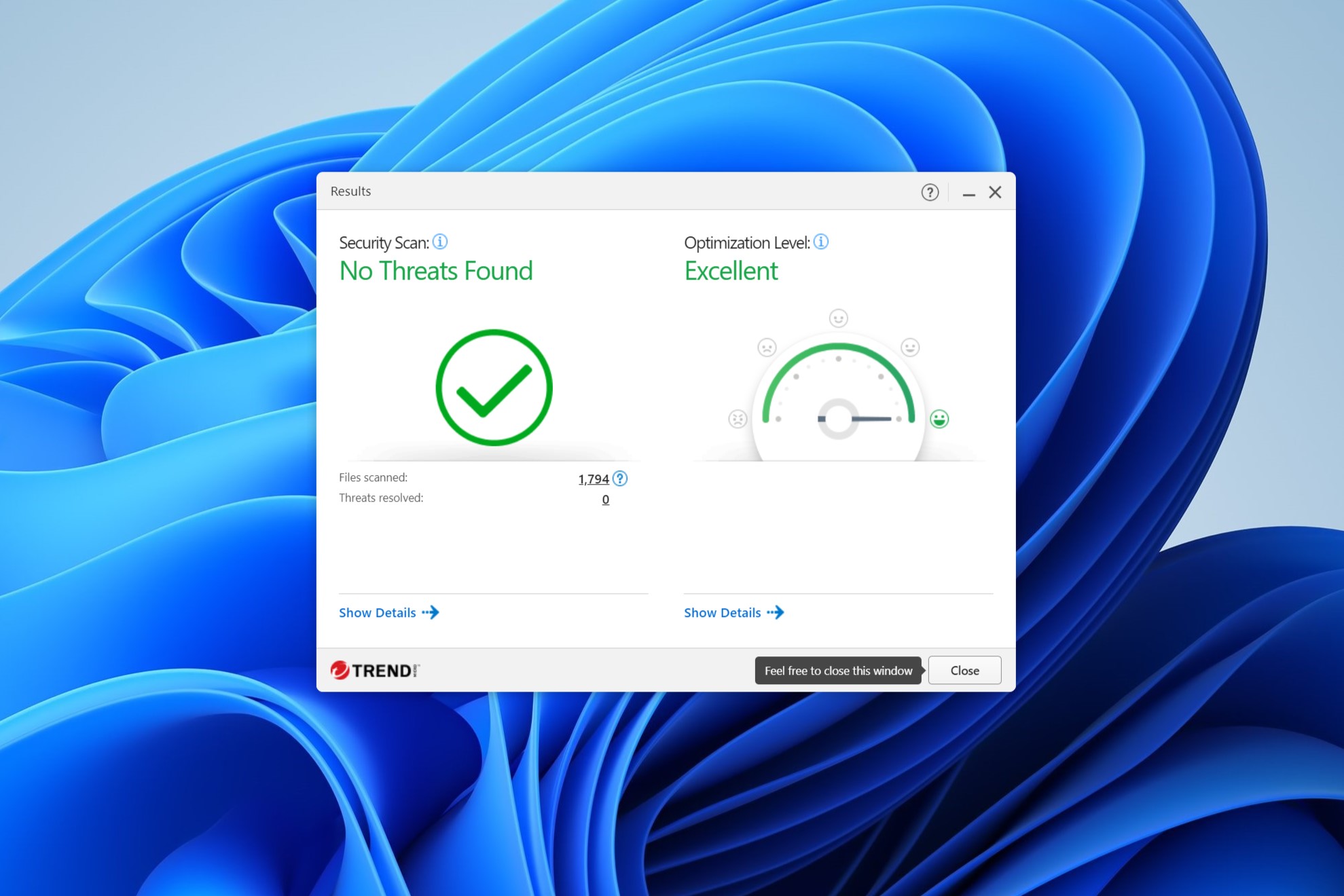 L'analyse rapide de Trend Micro n'a détecté aucune menace active sur mon PC.