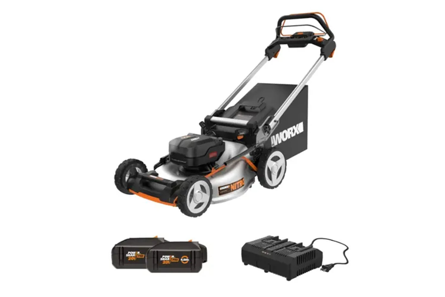 The Worx Nitro 40V Cordless Self-Propelled Lawn Mower on a white background.