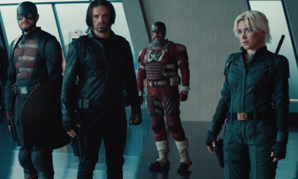 Yelena, Bucky, John, and Alexei stand in Avengers Tower in Marvel's Thunderbolts.