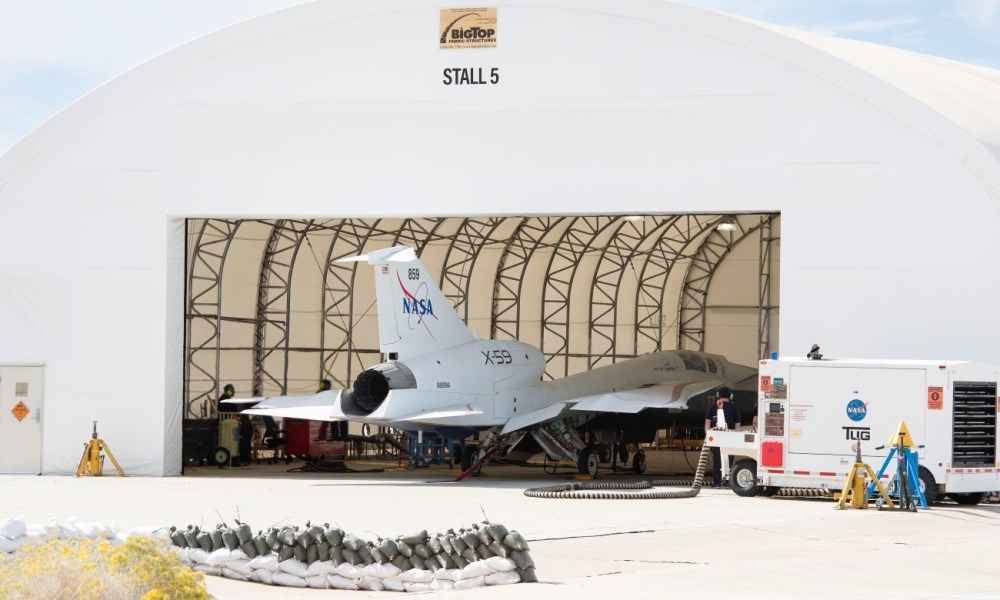 NASA’s X-59 quiet supersonic research aircraft sits in its run stall at Lockheed Martin’s Skunk Works facility in Palmdale, California, in this image from Oct. 30, 2024.