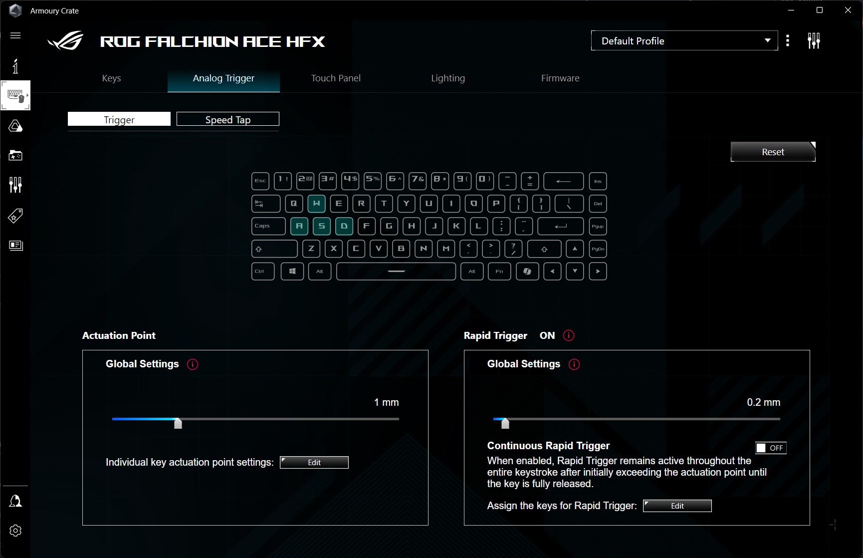 Analogue trigger features in Asus Armoury Crate.