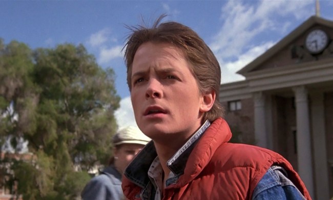 A close-up of Marty McFly in Back to the Future looking at something outside.