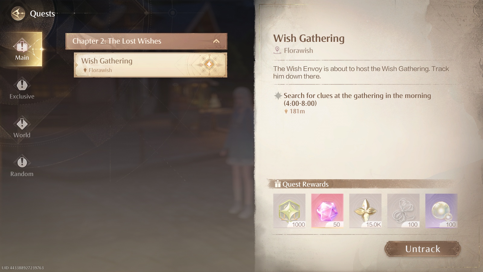 Menu de missões no Infinity Nikki.