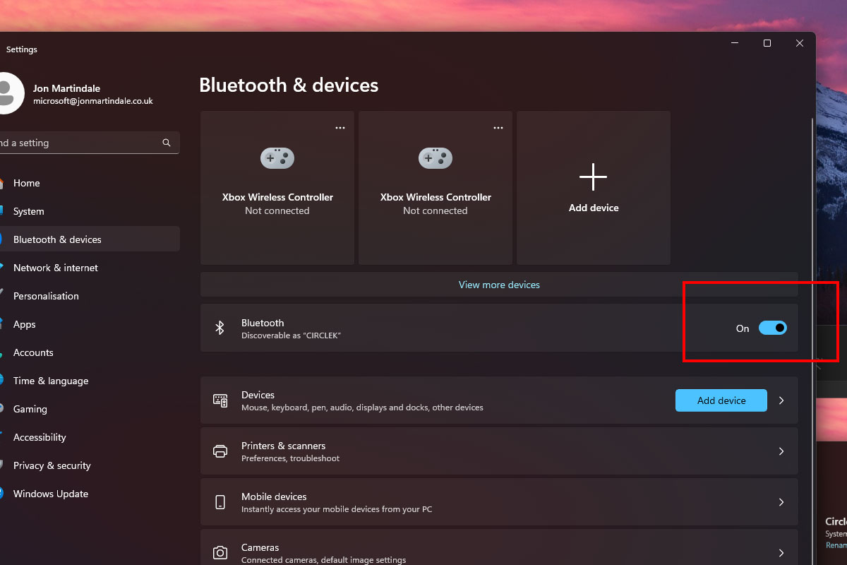 Windows 11 bluetooth settings menu.