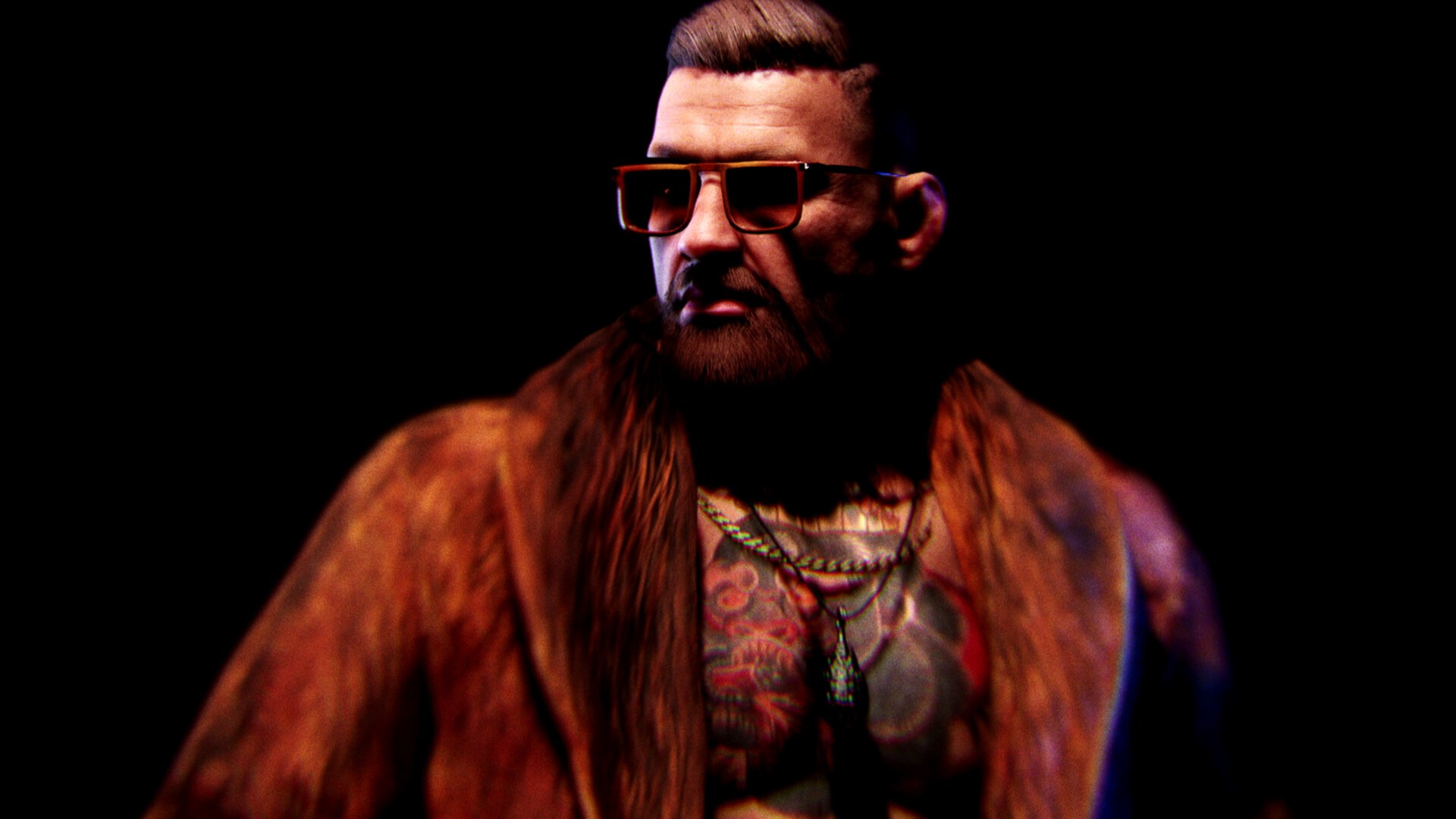 Conor McGregor wearing a big fur coat and sunglasses in Hitman.